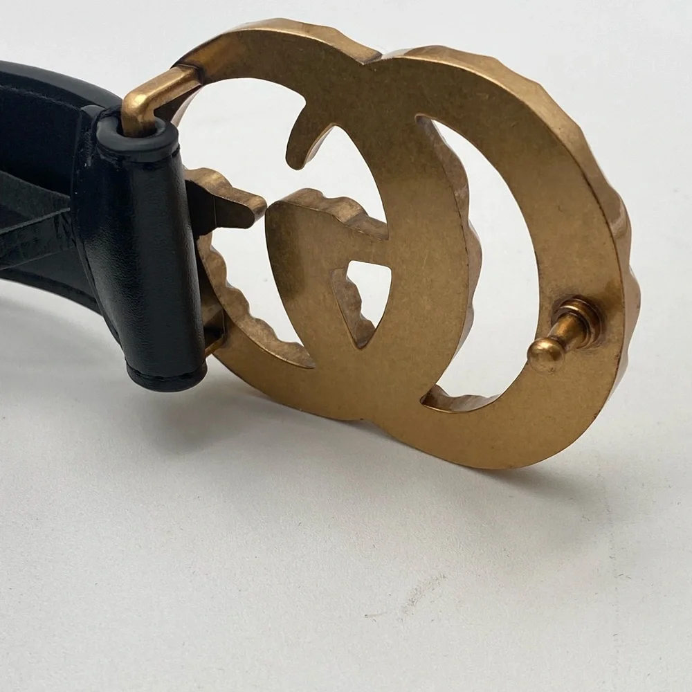 Gucci Black Leather Rhinestone Crystal GG Marmont Buckle Belt 110 XL W/ Box - Picture 10 of 14